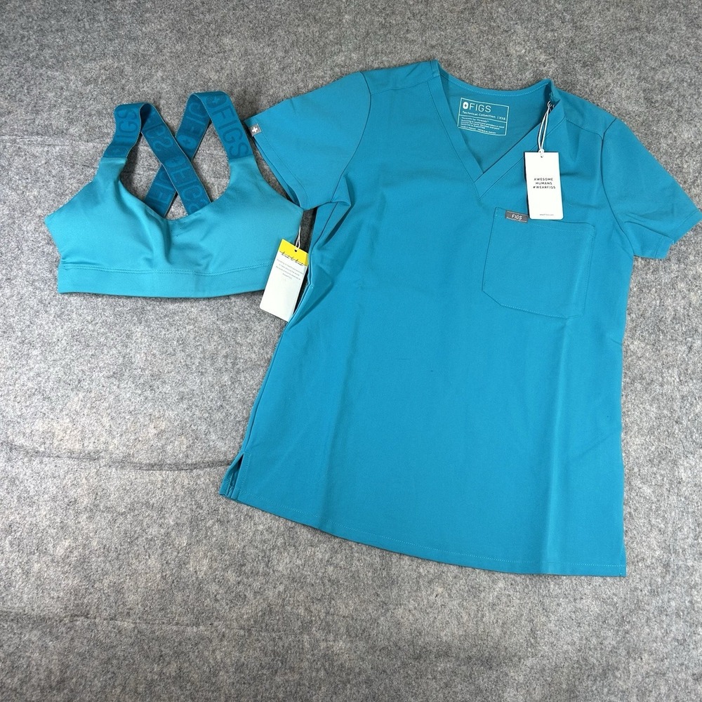 Figs Scrub Top & Sports Bra Womens XXS Turquoise Green V-Neck
